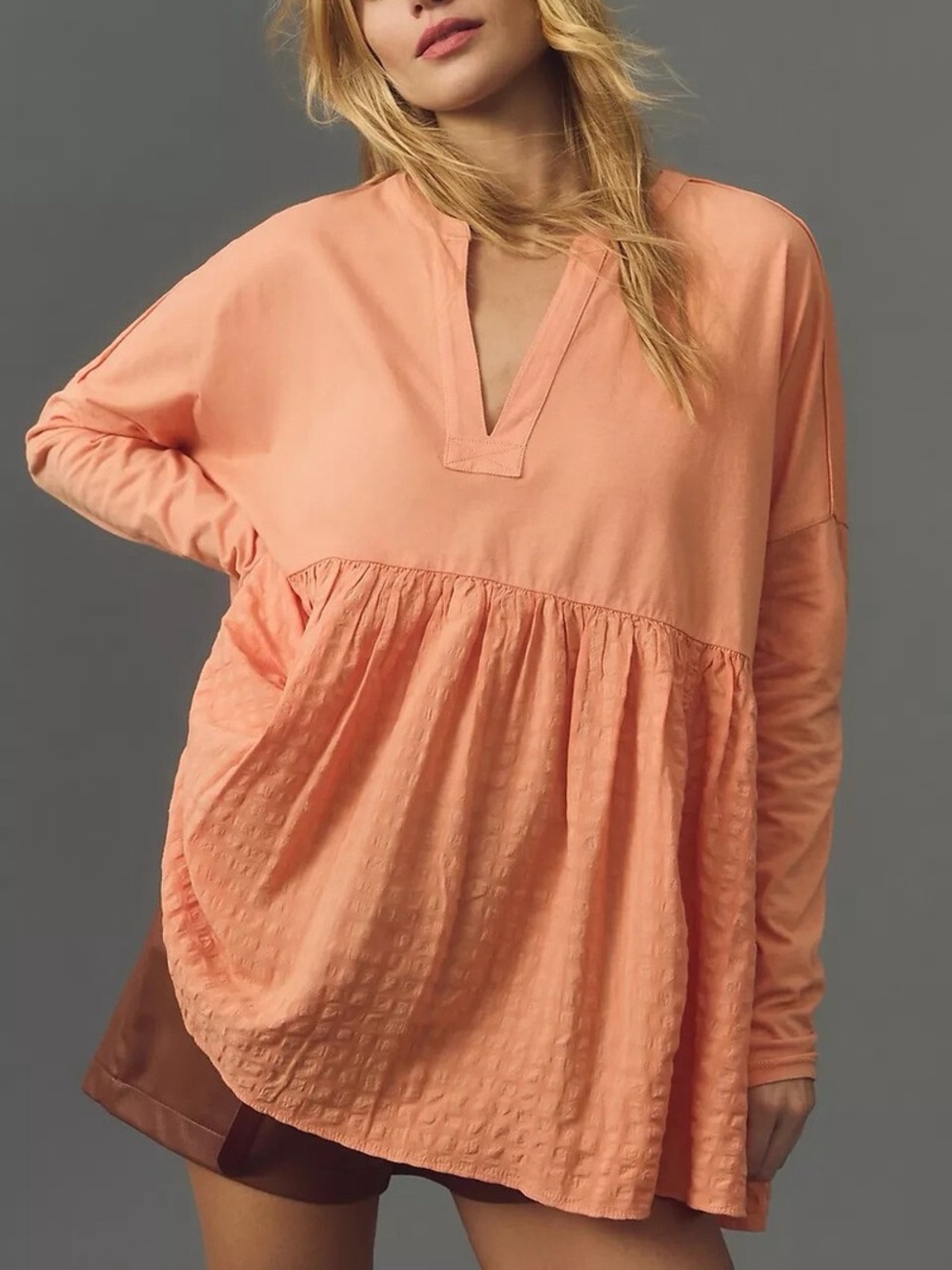 Pilcro Anthropologie Long Sleeve Gingham Babydoll Blouse Peach Small